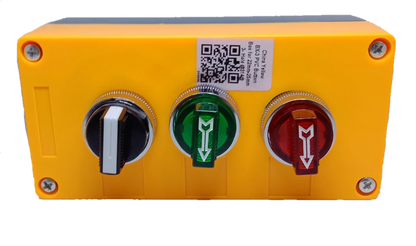 Auspicious illuminated selector switch with box featuring black knob and green and red illuminated buttons