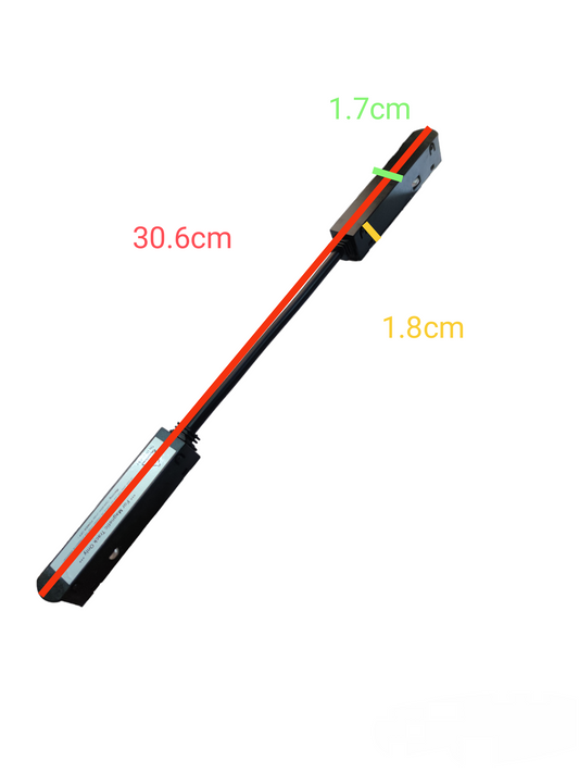 ILLUMIQ TERRA track light conductive connector with black housing and red wiring measuring 30.6 cm