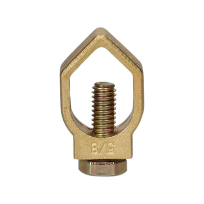 A brass-colored metal cable eye bolt with a threaded rod and hex nut, isolated on a white background.