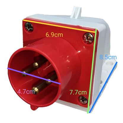 Grippes 16A industrial wall plug with red and white design and metal prongs for electrical circuitry