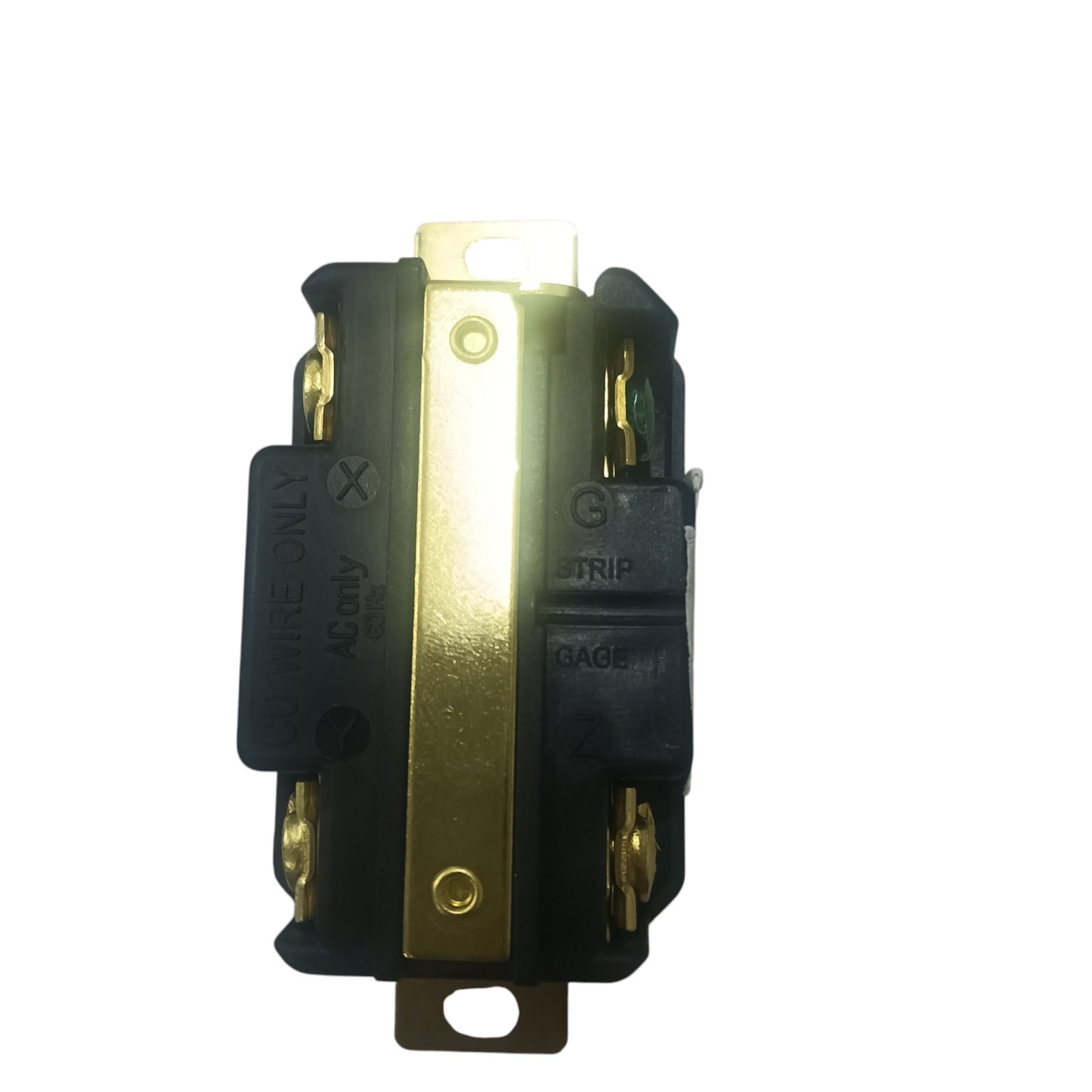 Grippes black industrial 30A twist lock outlet NEMA L15. exposed brass terminals and mounting strap for heavy duty wiring