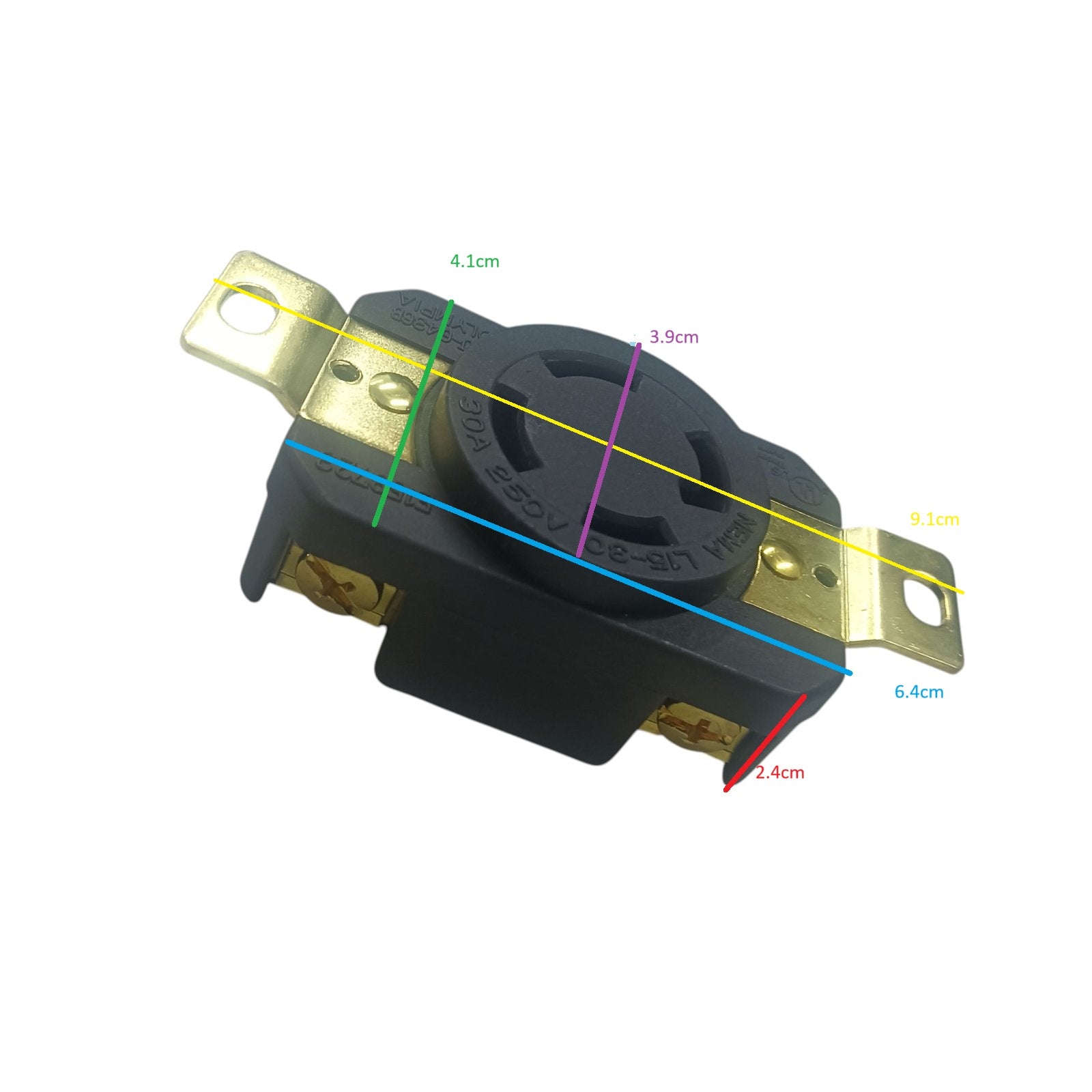 Grippes 30A twist lock outlet NEMA L15 black panel mount receptacle with brass terminals and mounting ears