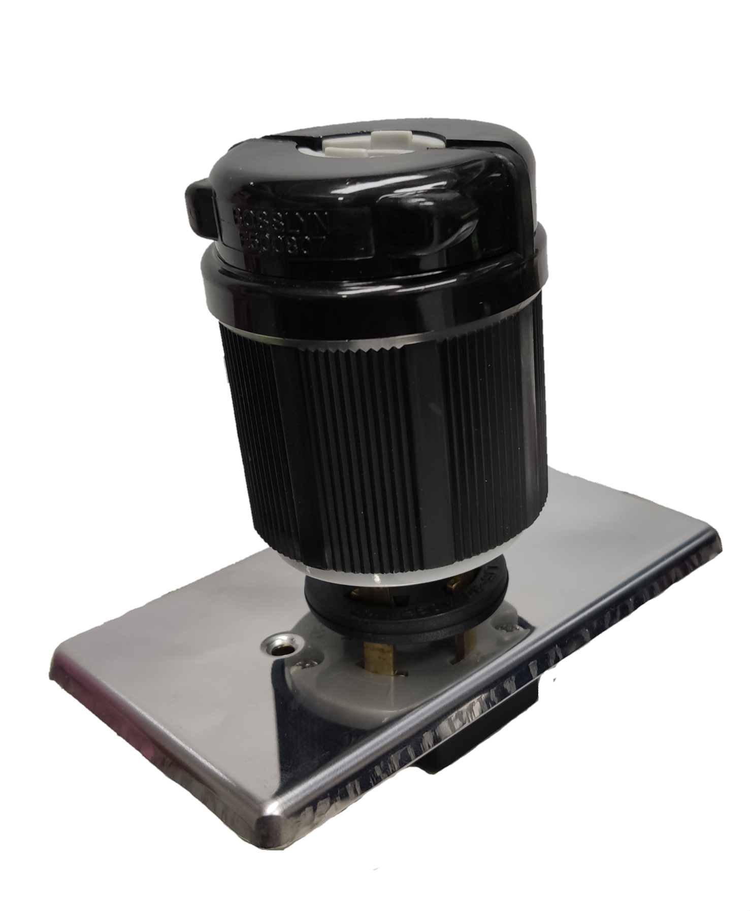 Grippes 30A twist lock outlet NEMA L15 black cylindrical receptacle on stainless steel wall plate