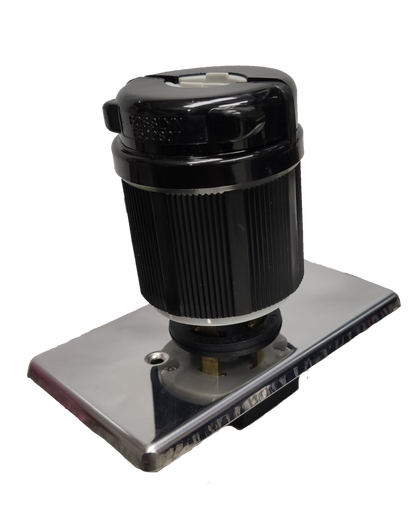Grippes 30A twist lock outlet NEMA L15 black cylindrical receptacle on stainless steel wall plate