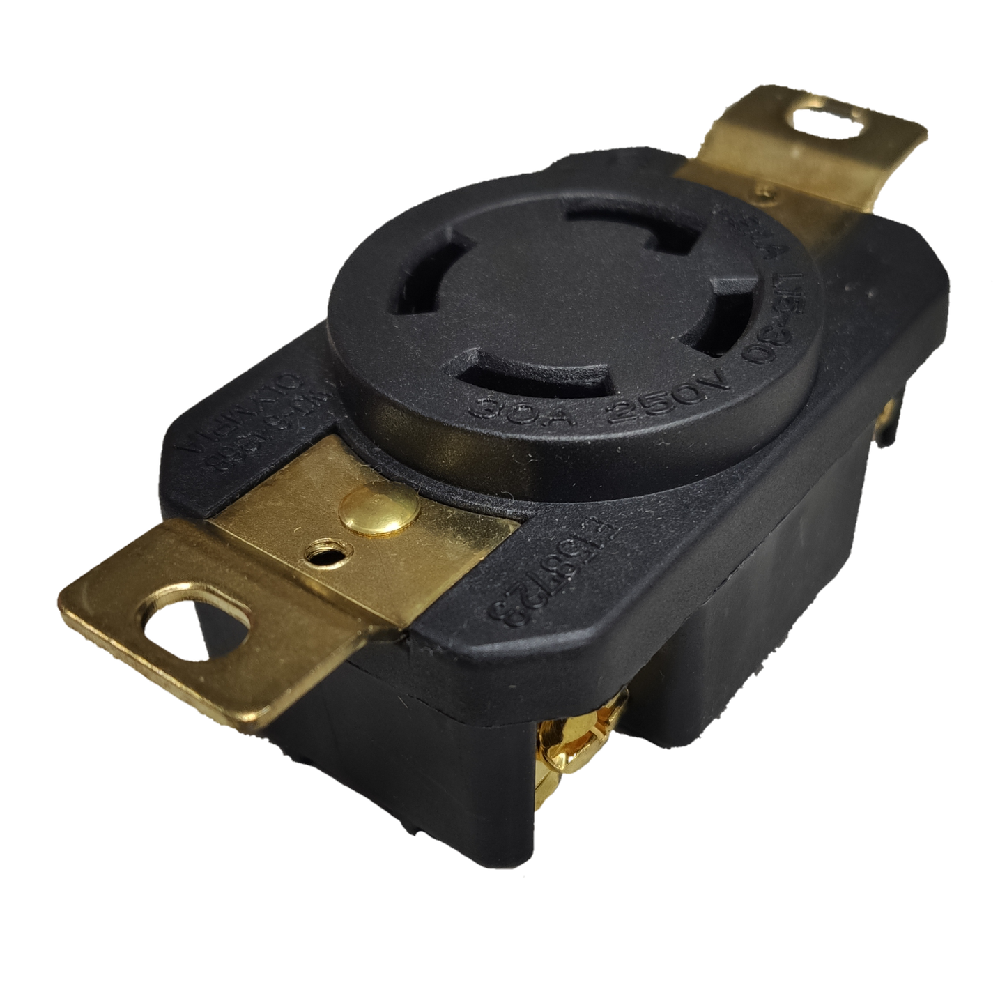 Grippes black industrial receptacle with brass mounting straps 30A twist lock outlet NEMA L6. for generators