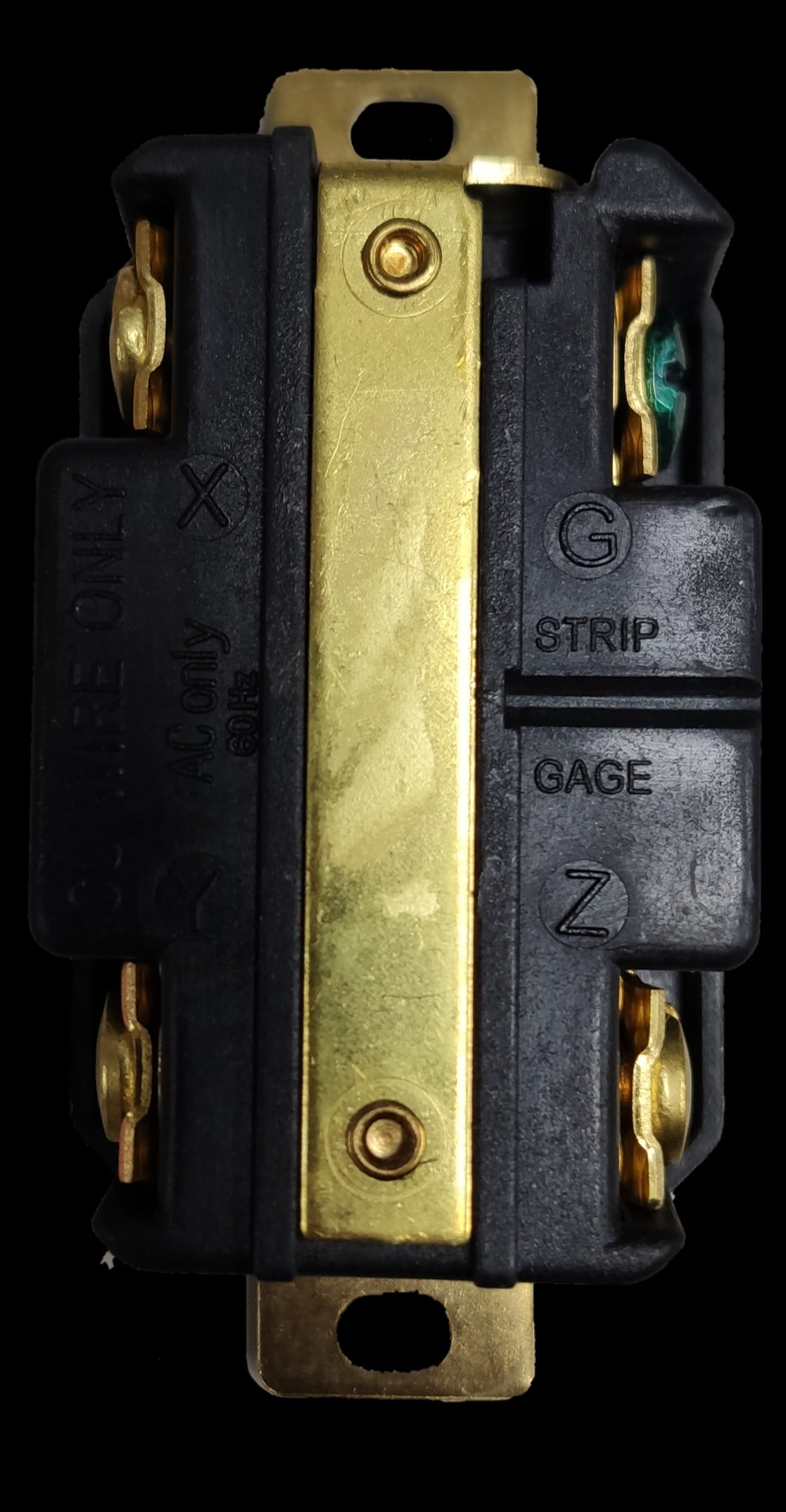 Grippes 30A twist lock outlet NEMA L6. black and brass single receptacle with mounting strap and exposed terminals