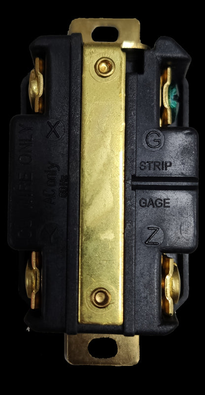 Grippes 30A twist lock outlet NEMA L6. black and brass single receptacle with mounting strap and exposed terminals