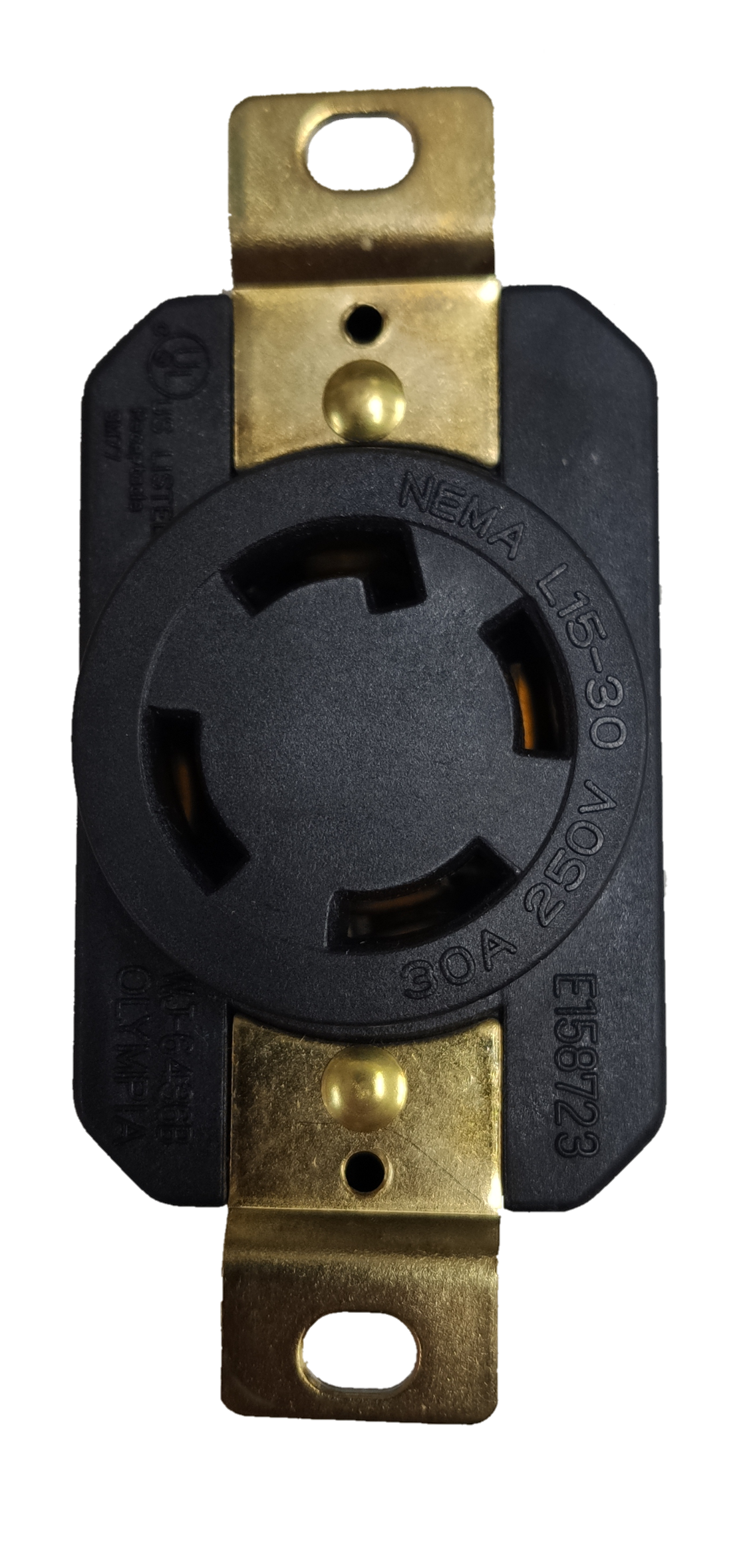 Grippes black 30A twist lock outlet NEMA L6. brass mounting straps 250V recessed industrial power receptacle