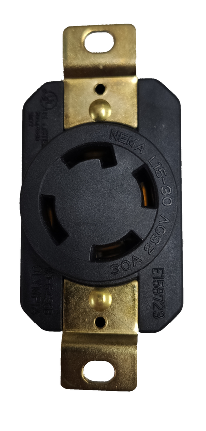 Grippes black 30A twist lock outlet NEMA L6. brass mounting straps 250V recessed industrial power receptacle