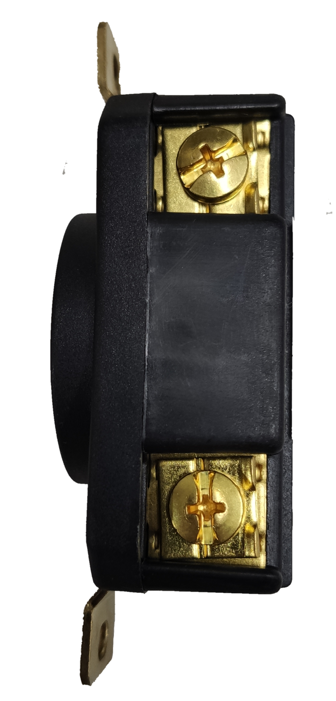 Grippes 30A twist lock outlet NEMA L6. black wall receptacle with exposed brass terminal screws and mounting tabs