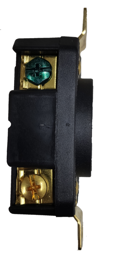 Grippes black round 30A twist lock outlet NEMA L6. panel mount receptacle with brass terminals and green ground screw