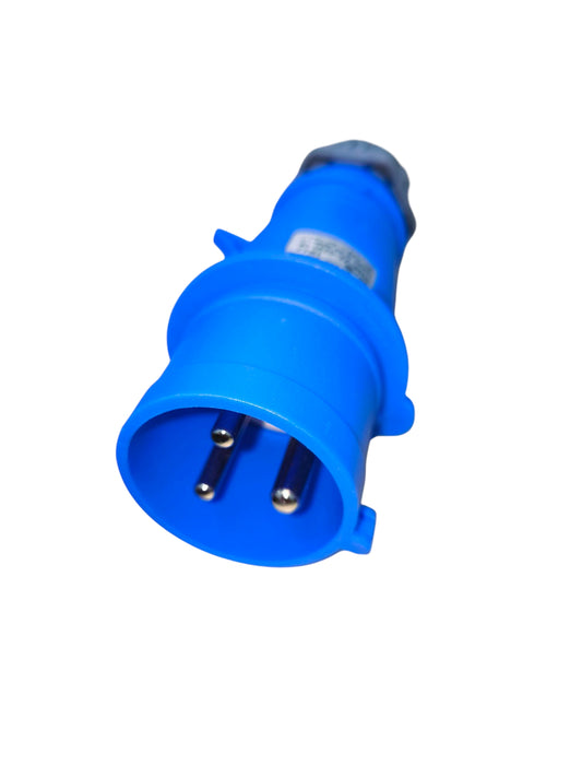 Grippes 32A industrial plug blue electrical connector with three metal pins for heavy-duty use