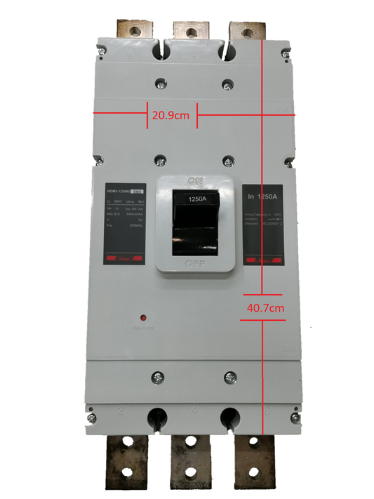 Himel 1250A Industrial Circuit Breaker 3 Pole 85Kaic gray electrical circuitry part with measurements