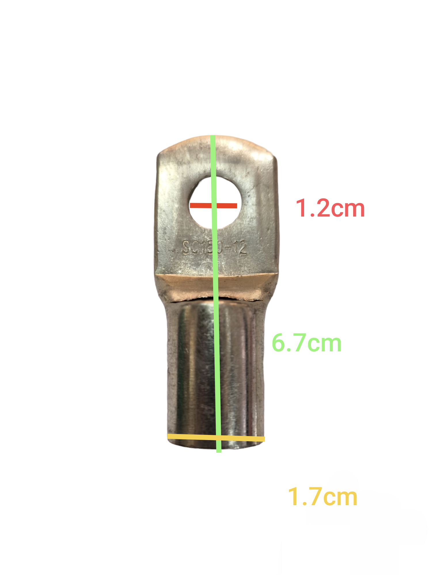 Grippes industrial crimp type terminal 150-12 with detailed dimensions on a white background