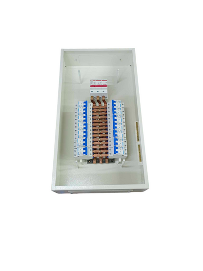 Industrial electrical panel board with circuit breakers and copper busbars for electrical circuitry and parts