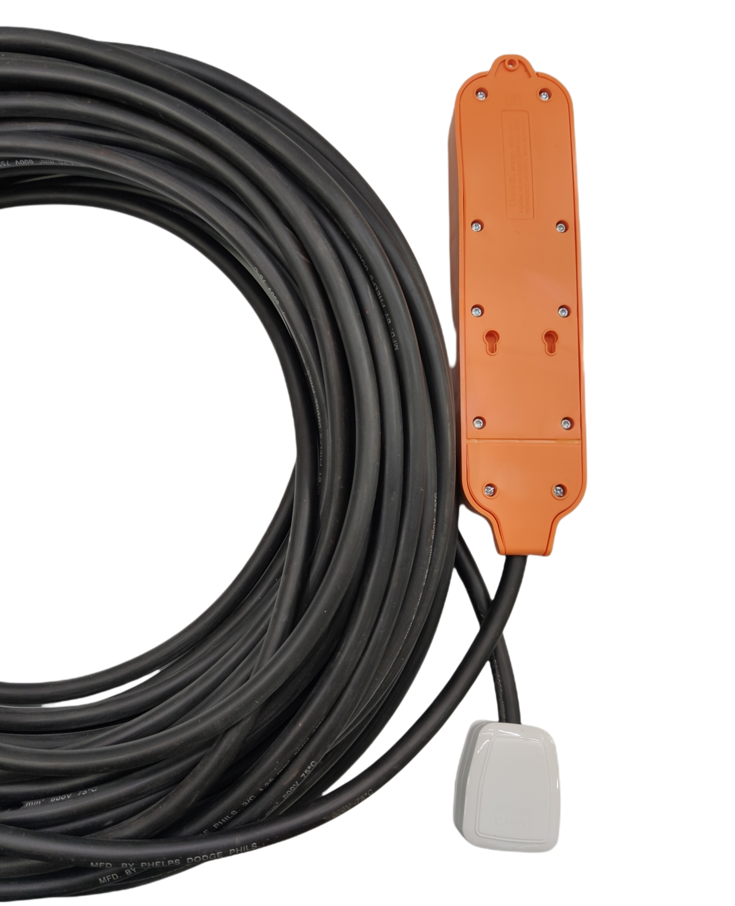 Coiled heavy duty black cable with orange inline outlet box and white plug Phelps Dodge omni plug extension cord