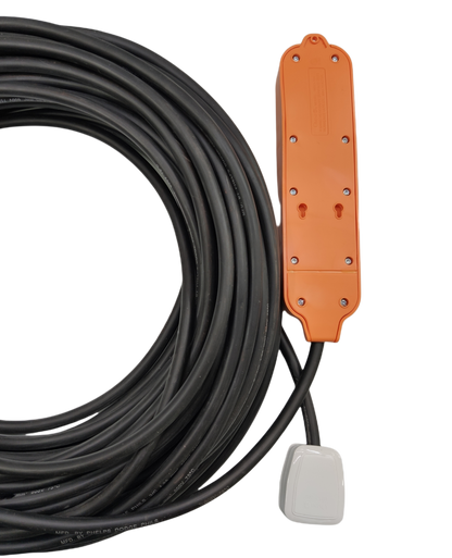 Coiled heavy duty black cable with orange inline outlet box and white plug Phelps Dodge omni plug extension cord