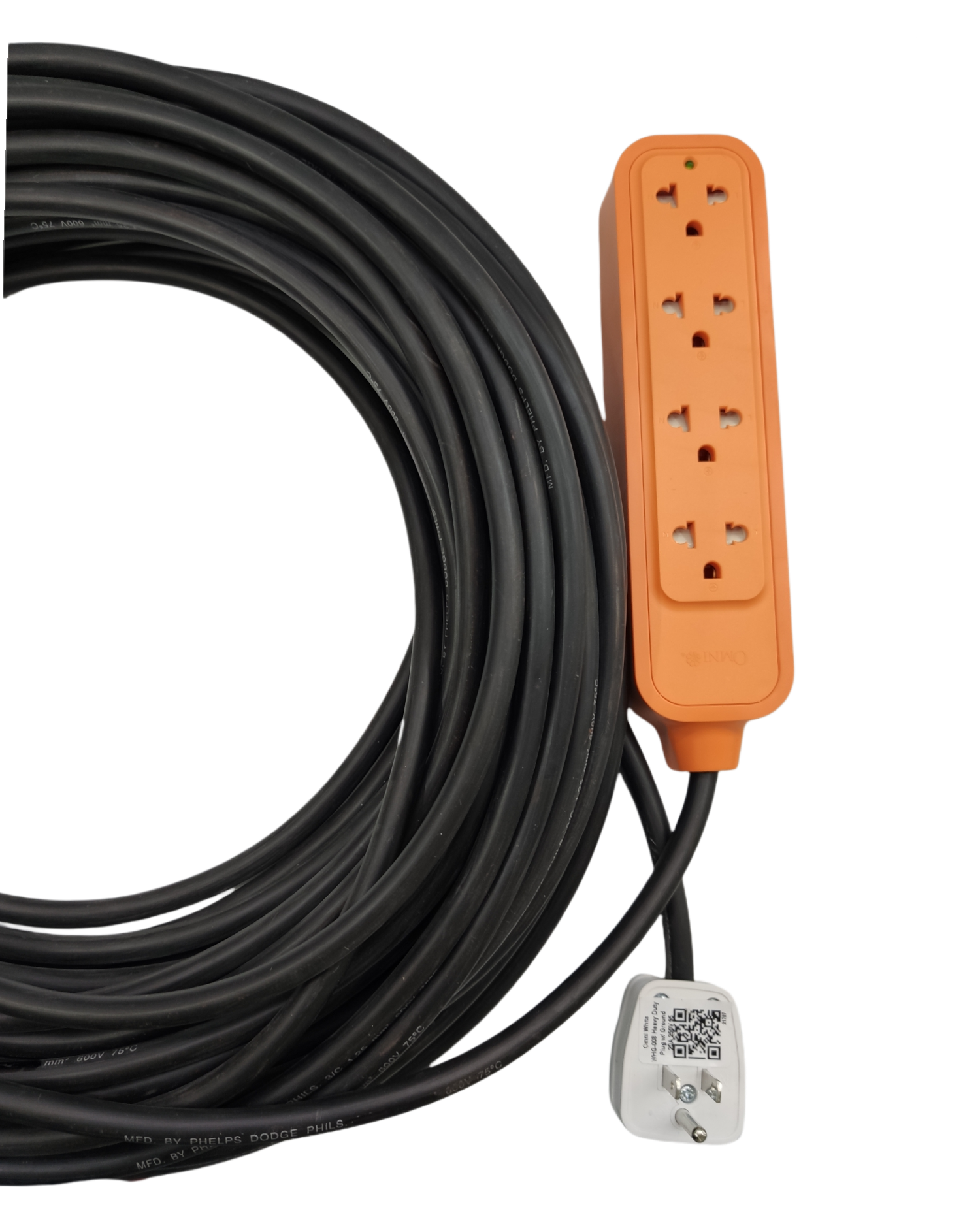Phelps Dodge omni plug extension cord long black cable with orange 4 outlet power strip and grounded plug
