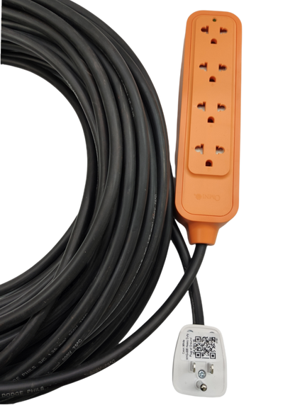 Phelps Dodge omni plug extension cord heavy duty black coil with orange four socket power strip and white plug