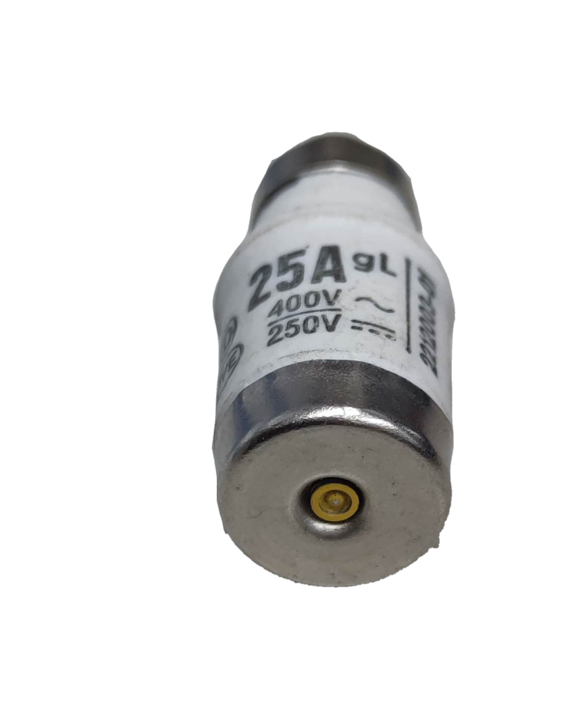 Industrial fuse 25 amp 400 volt electrical component with metal caps and white ceramic body