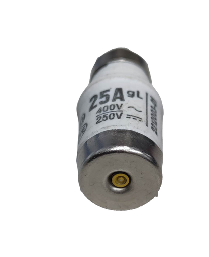 Industrial fuse 25 amp 400 volt electrical component with metal caps and white ceramic body