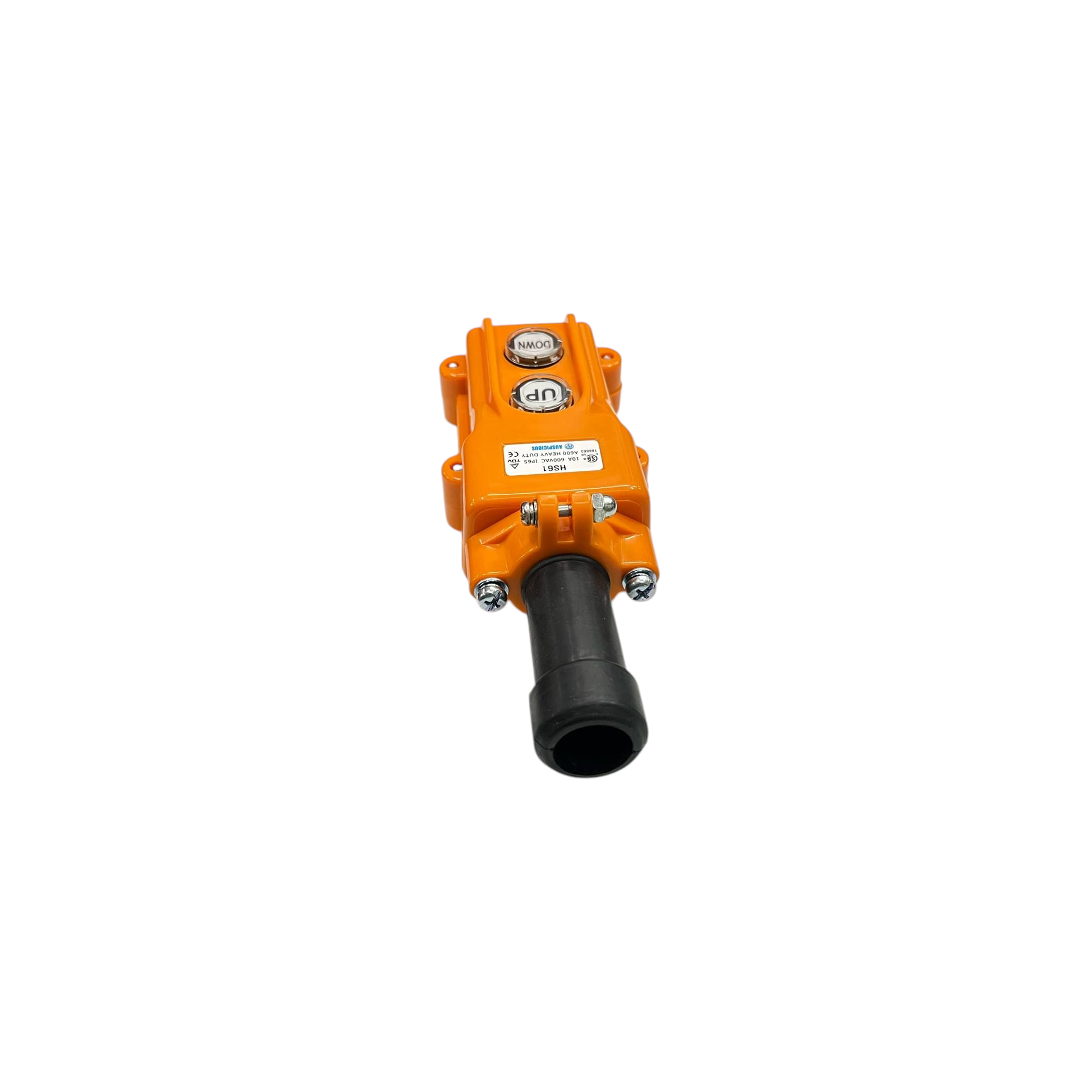 Auspicious industrial hoist push button switch in orange with black handle for audio controllers and mixers