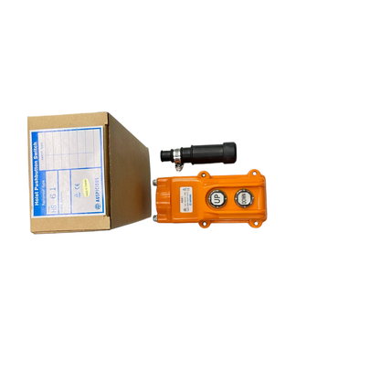 Auspicious industrial hoist push button switch with orange casing and control buttons alongside its packaging box