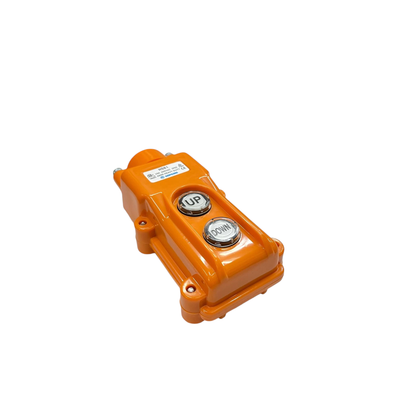 Auspicious industrial hoist push button switch with orange casing and two buttons labeled up and down