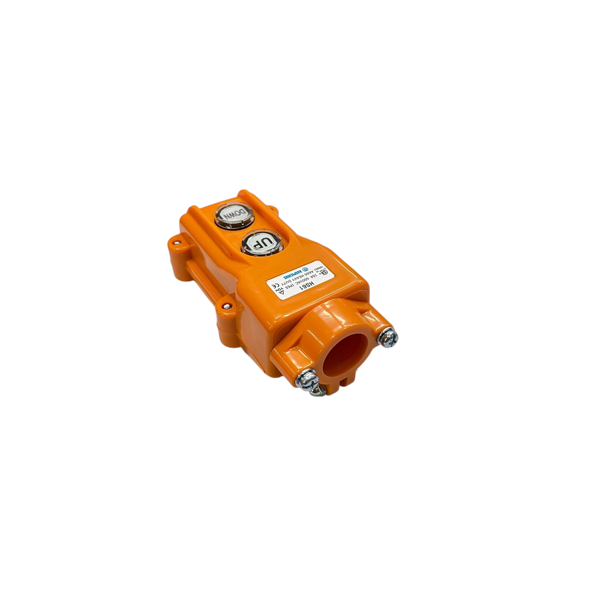 Auspicious industrial hoist push button switch in bright orange with two labeled control buttons