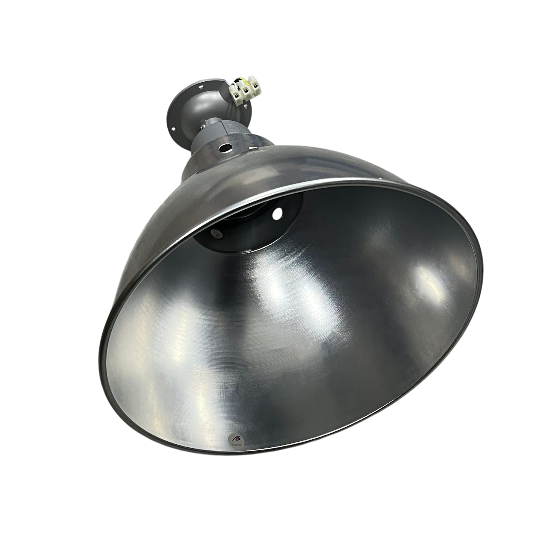 Biglite and Omni 12 Inch aluminum reflector with E27 socket. Industrial pendant fixture in brushed aluminum finish