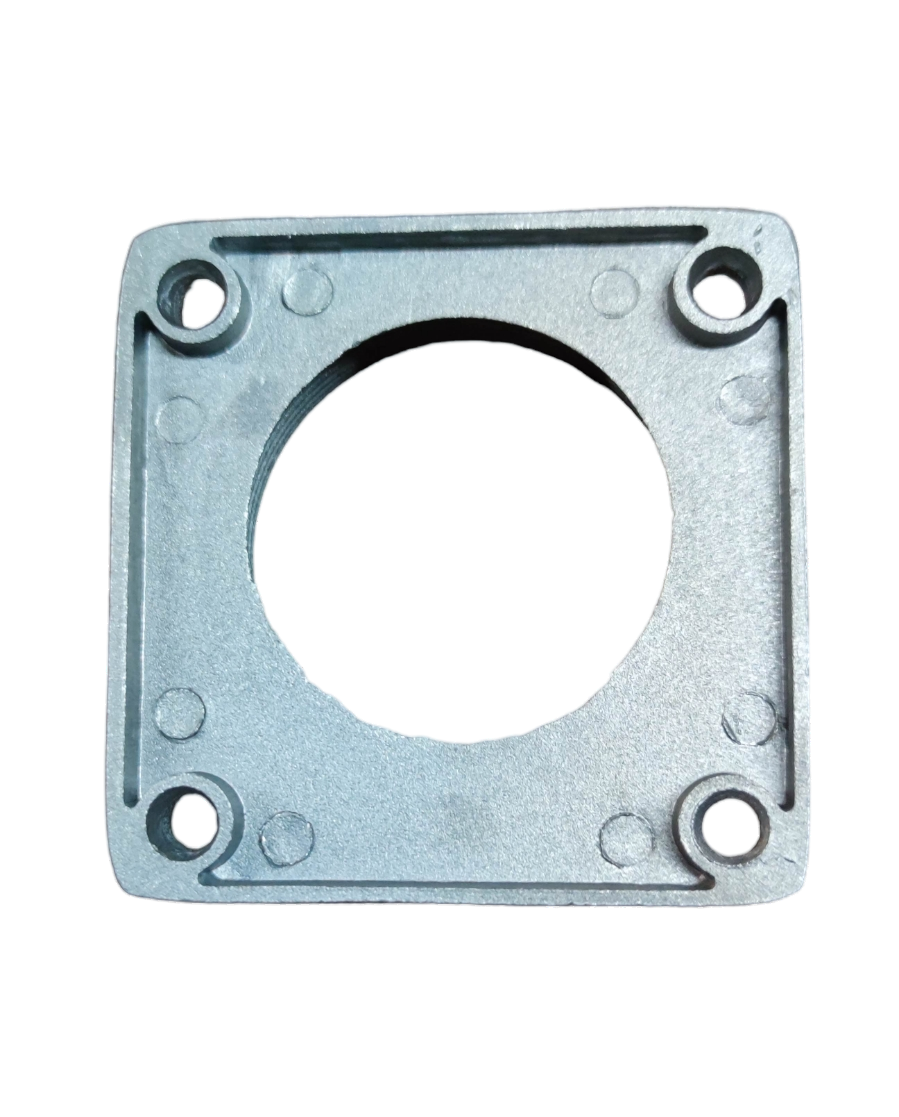 Meter Base Hub 2 Inches square aluminum mounting plate with central circular hole and four screw holes made in China
