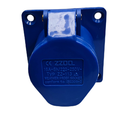 Grippes blue Industrial Outlet 16A Chassis with weatherproof cover and mounting holes