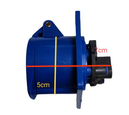 Grippes blue Industrial Outlet 16A Chassis showing side view with dimensions 7cm by 5cm