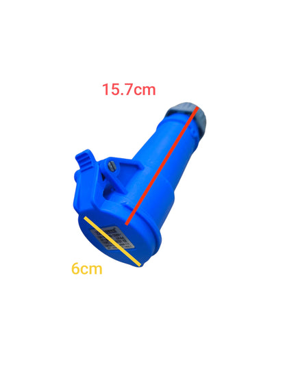 Grippes blue industrial outlet connector measuring 15.7cm by 6cm for electrical circuitry
