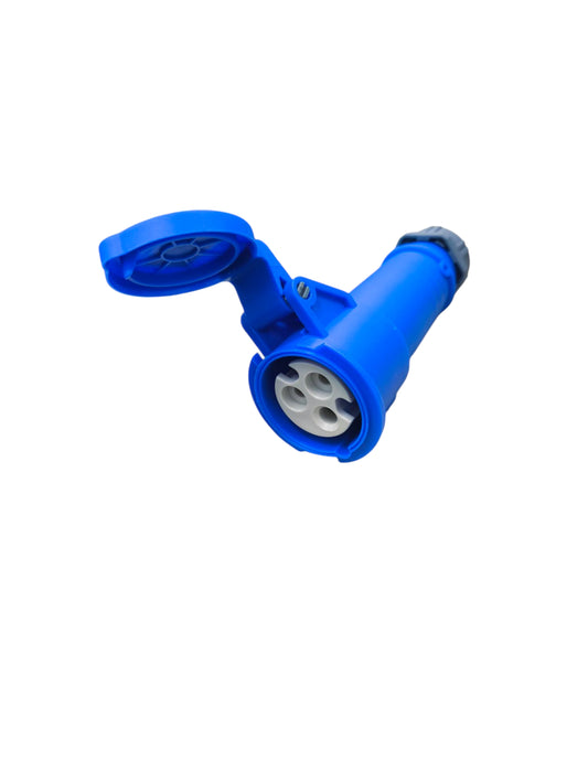 Grippes blue industrial outlet connector with hinged protective cover and multiple sockets