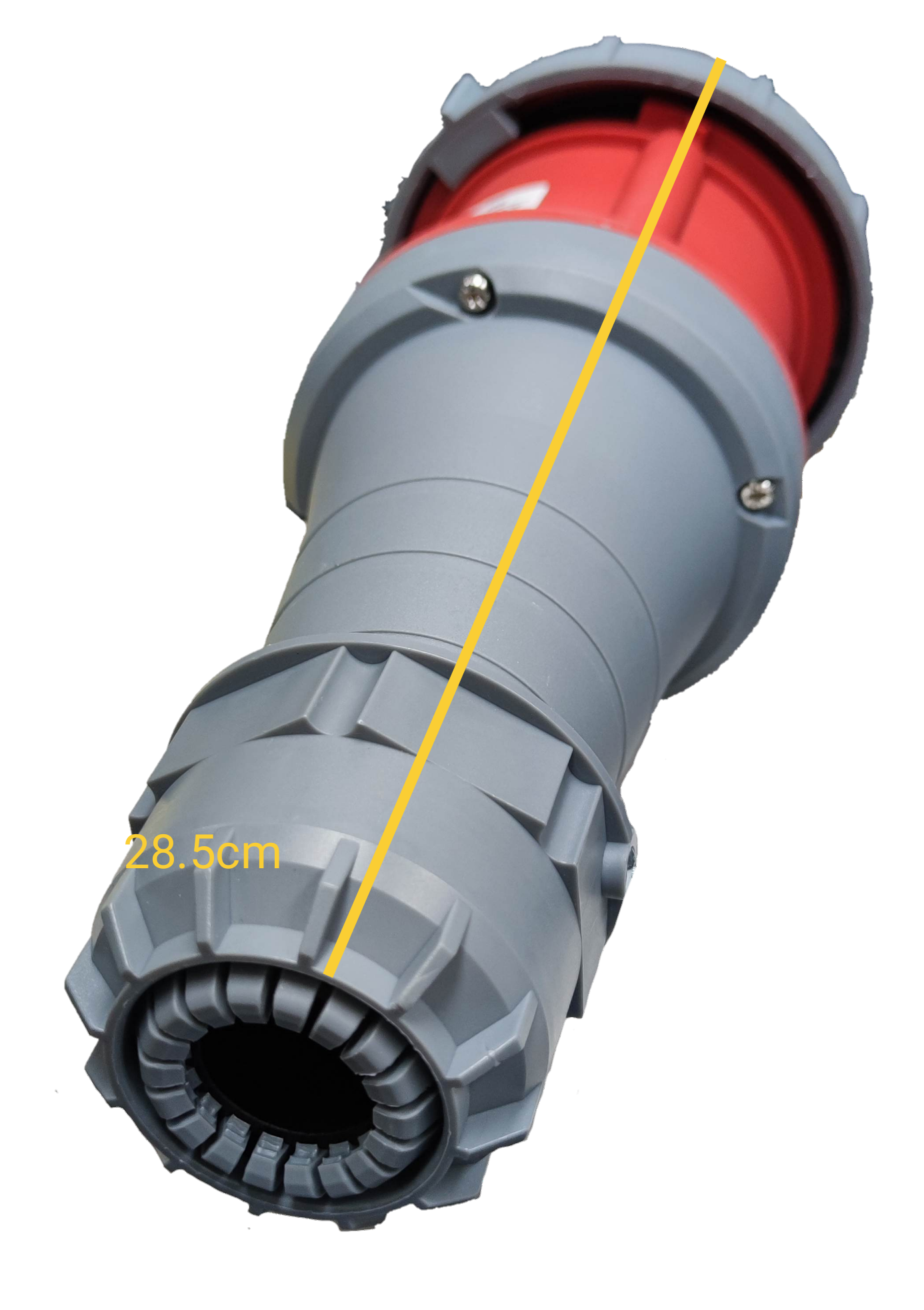 Grippes 125A industrial outlet cord connector with durable grey housing and red fittings for secure connections