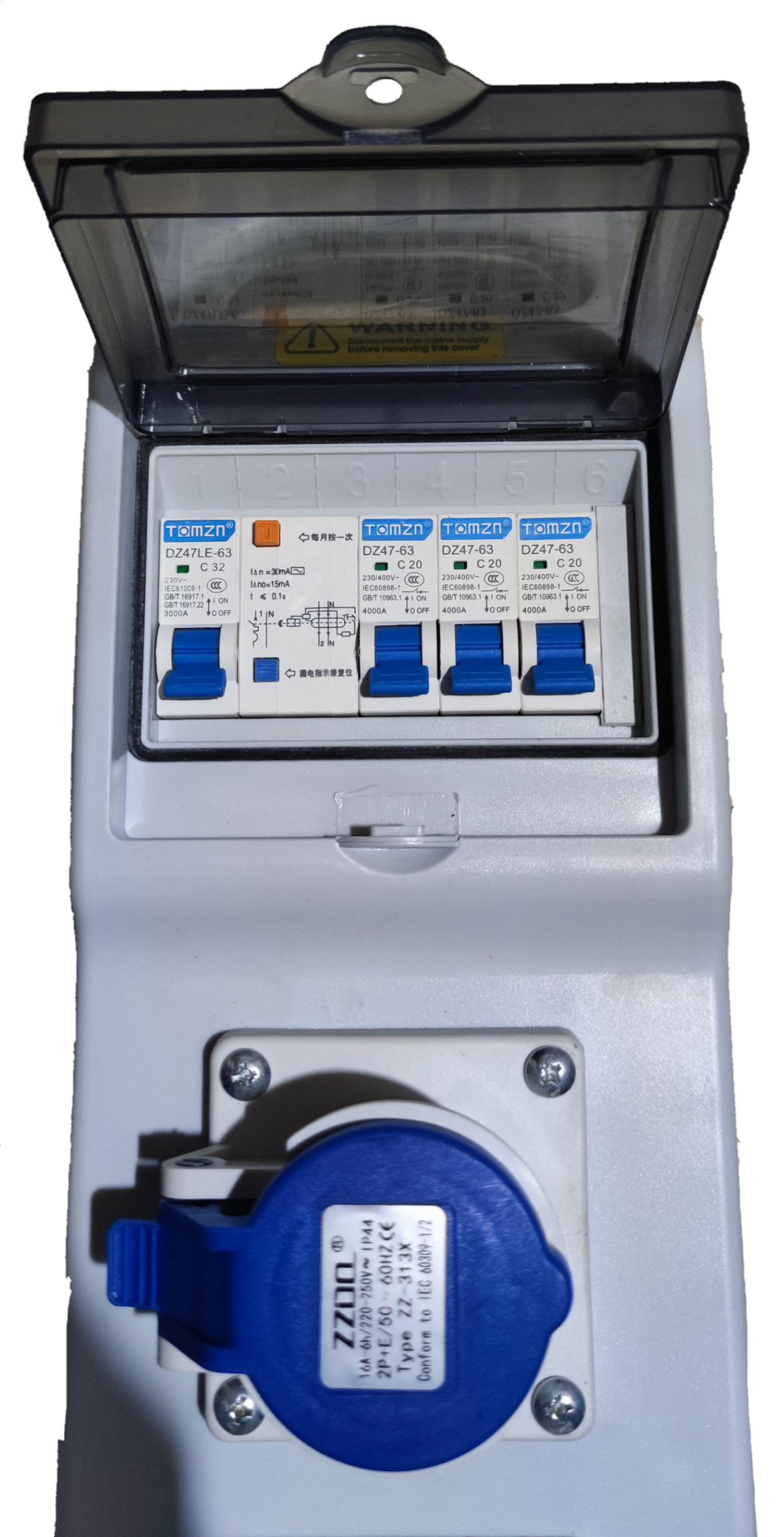 Grippes industrial outlet distribution panel 16A with blue socket and circuit breakers in white casing