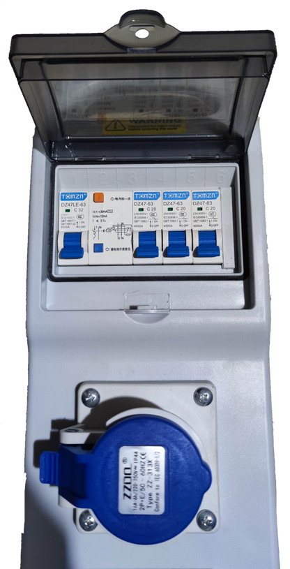 Grippes industrial outlet distribution panel 16A with blue socket and circuit breakers in white casing