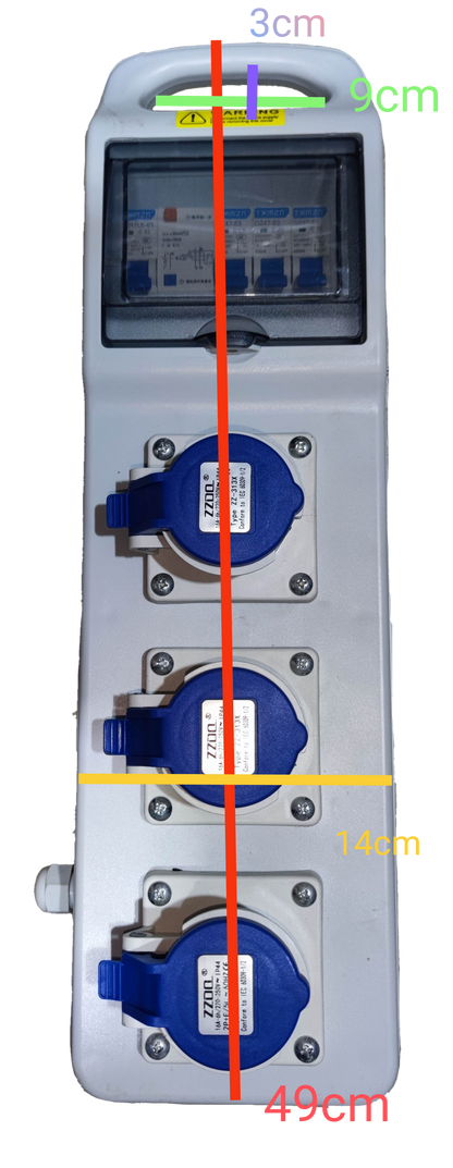Grippes industrial outlet distribution panel 16A with three blue power sockets and clear protective cover