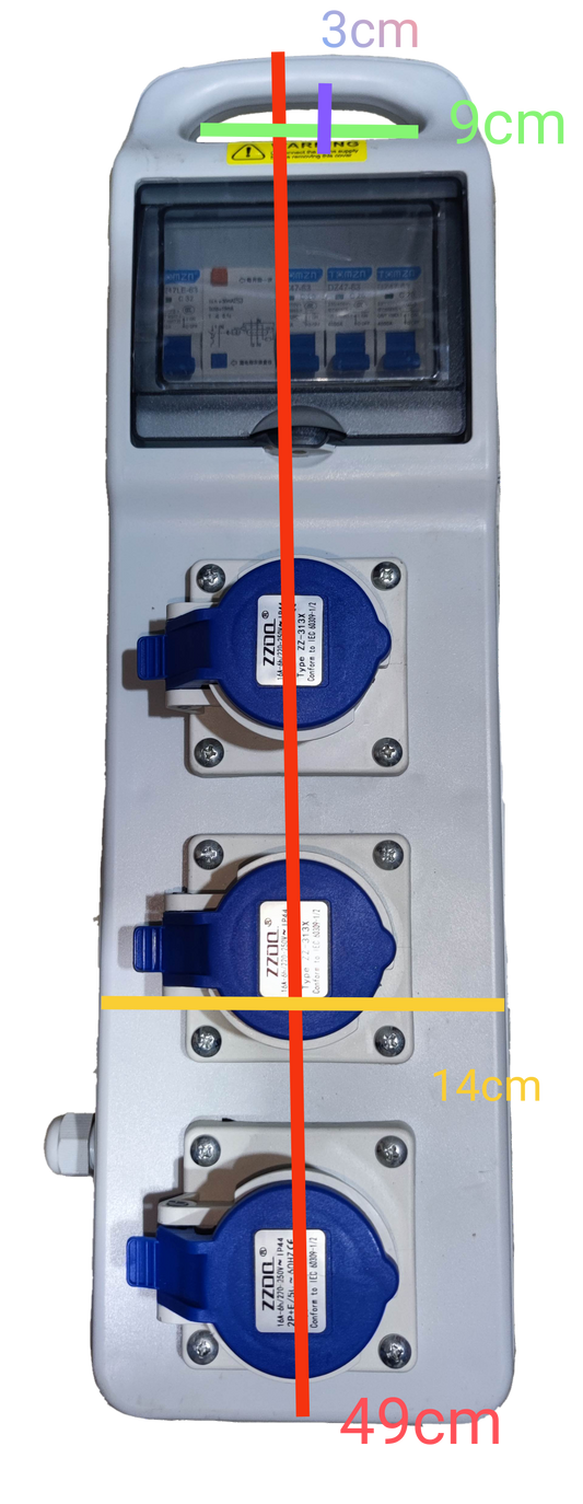 Grippes industrial outlet distribution panel 16A with three blue power sockets and clear protective cover