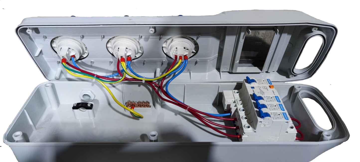 Grippes industrial outlet distribution panel 16A with wired sockets and circuit breakers in white plastic casing