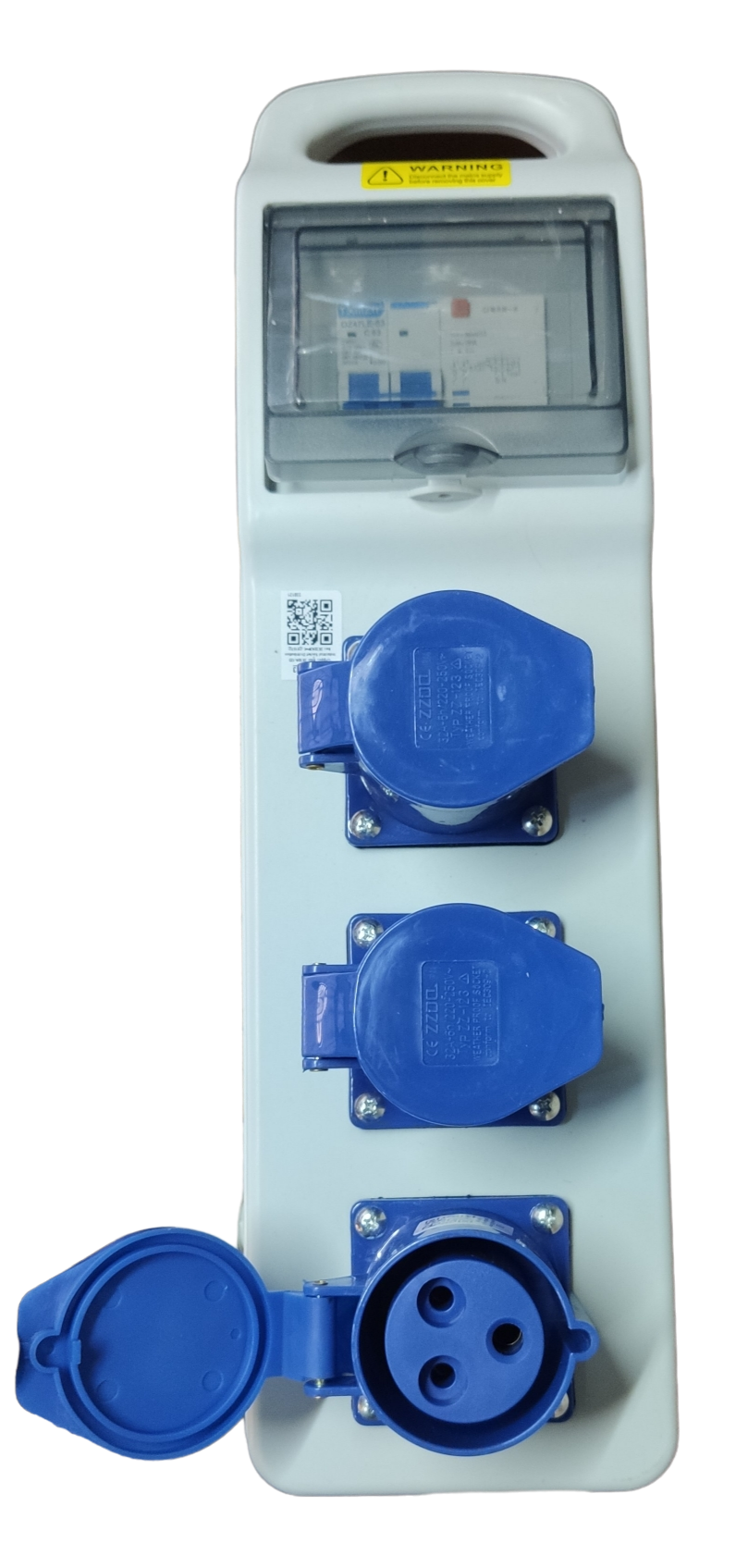 Grippes industrial outlet distribution panel 32A with three blue power sockets and protective covers