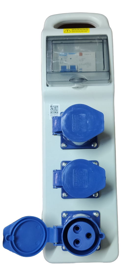 Grippes industrial outlet distribution panel 32A with three blue power sockets and protective covers