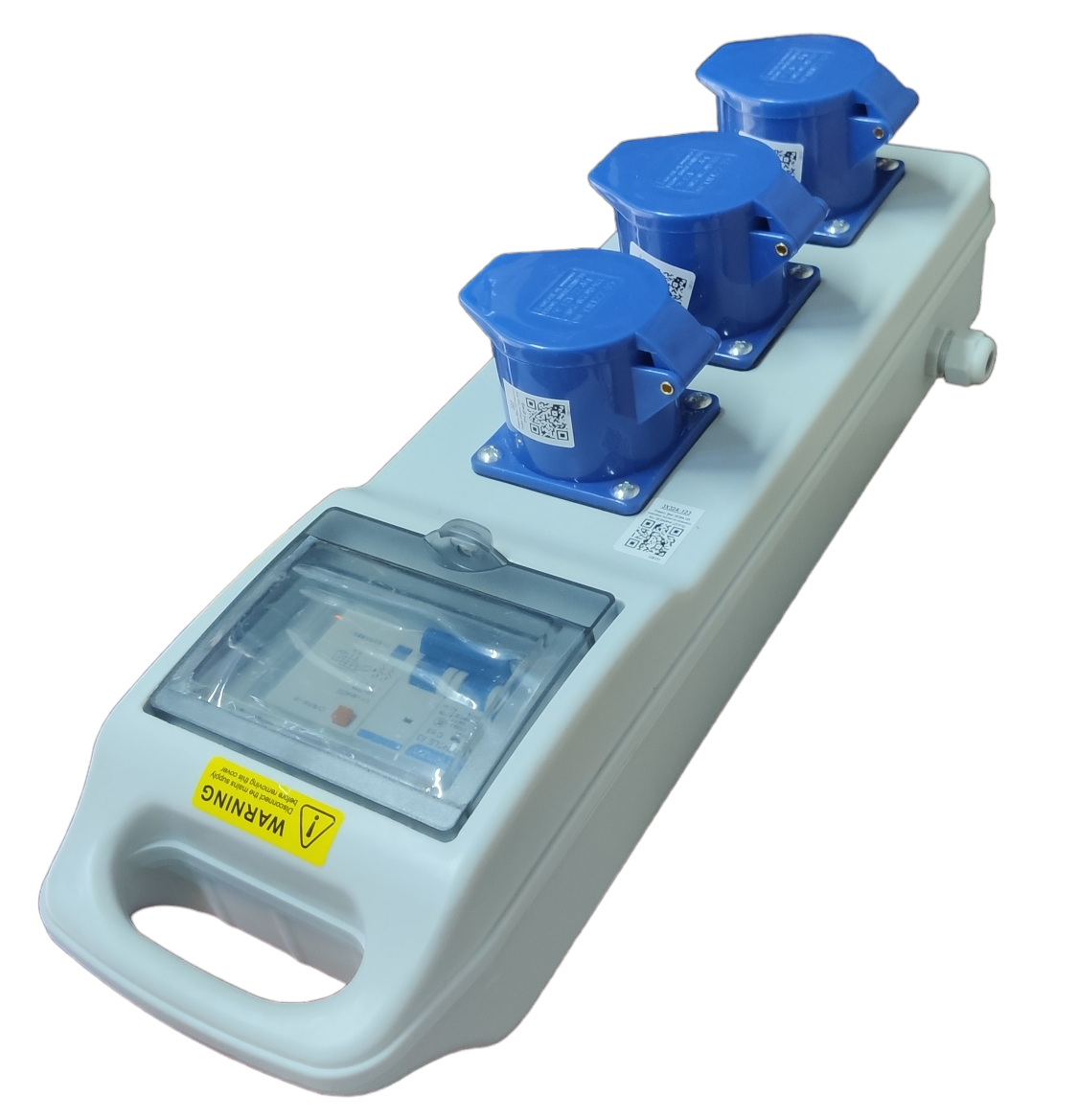 Grippes industrial outlet distribution panel 32A with three blue power sockets and protective cover