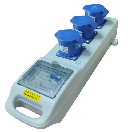 Grippes industrial outlet distribution panel 32A with three blue power sockets and protective cover