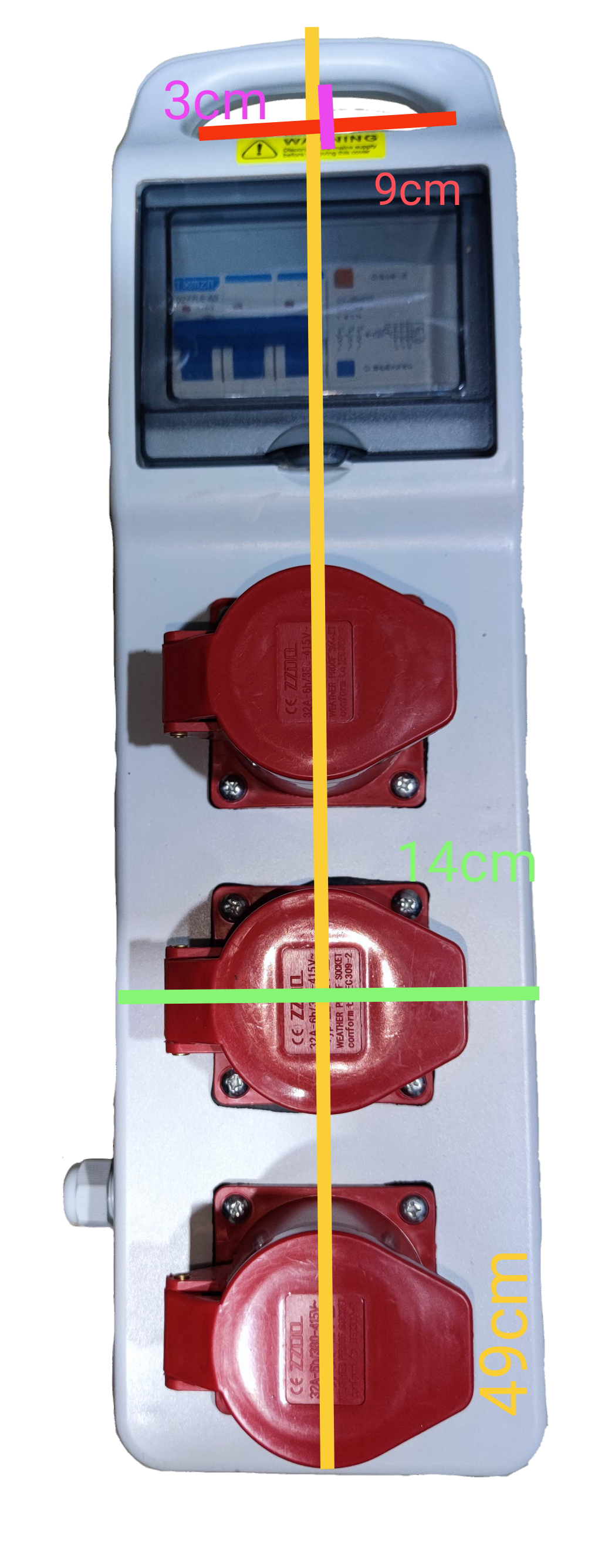 Grippes industrial outlet distribution panel with three red power sockets and protective cover