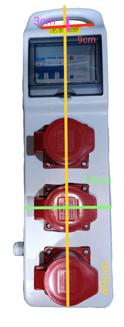 Grippes industrial outlet distribution panel with three red power sockets and protective cover