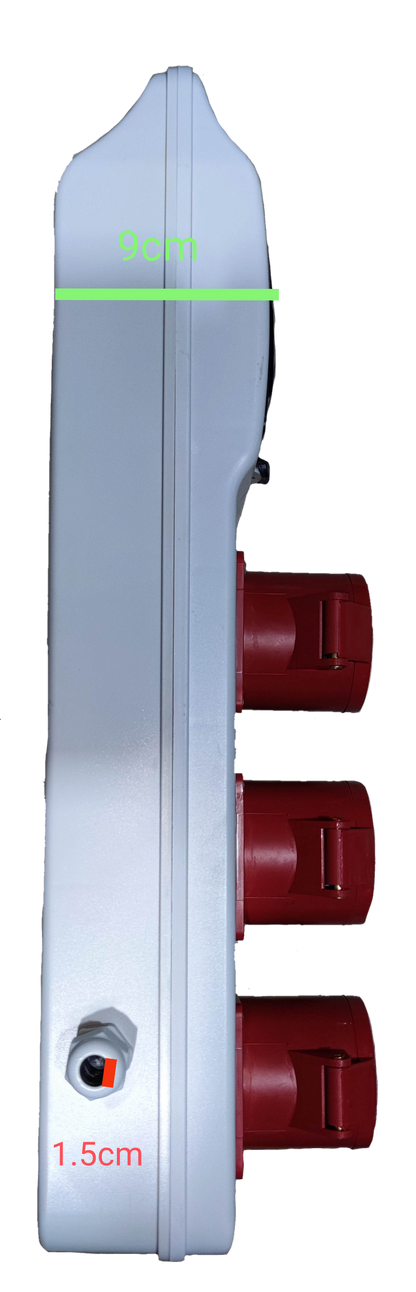 Grippes industrial outlet distribution panel with three red sockets and compact white casing