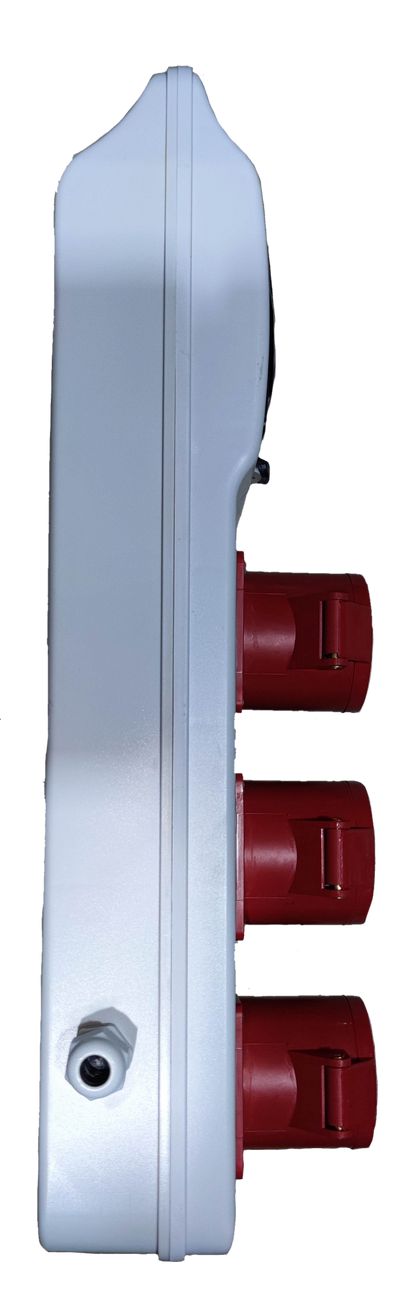 Grippes industrial outlet distribution panel with three red power outlets for heavy-duty use