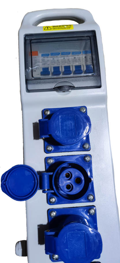 Grippes Industrial Outlet Panel Box 4 x 16A with multiple blue sockets and circuit breakers